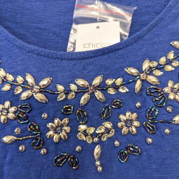 NWT Chico's blue Victoria beading top pullover shirt rhinestone office size 3/XL - Picture 4 of 9